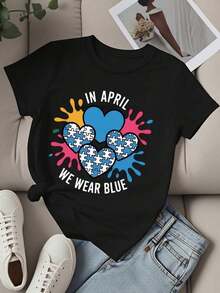 Camiseta de Cuello Redondo para Mujer con Estampado de Corazones de Concientización sobre el Autismo y Salpicaduras Coloridas, Manga Corta para Uso Casual y Eventos de Apoyo - Negro - Ver 2