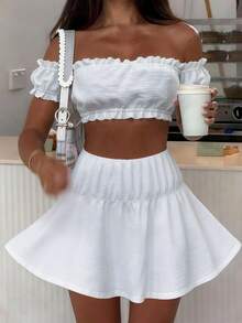Bộ đồ hai mảnh mùa hè màu trắng trễ vai Look Polly dành cho nữ, áo croptop viền bèo nhún kết hợp với chân váy chữ A ngắn, trang phục đi biển thường ngày. - trắng - Xem 2