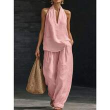 Women's Halter V-Neck Sleeveless 2-Piece Set, Solid Wide Leg Pants, Casual Lounge Co-Ord Outfit For Summer Vacation - 黑色 - 查看 7