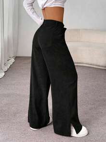 Unity Pantalones largos rectos y sueltos con abertura lateral de pana de moda casual para otoño/invierno para mujeres - Negro - Ver 10