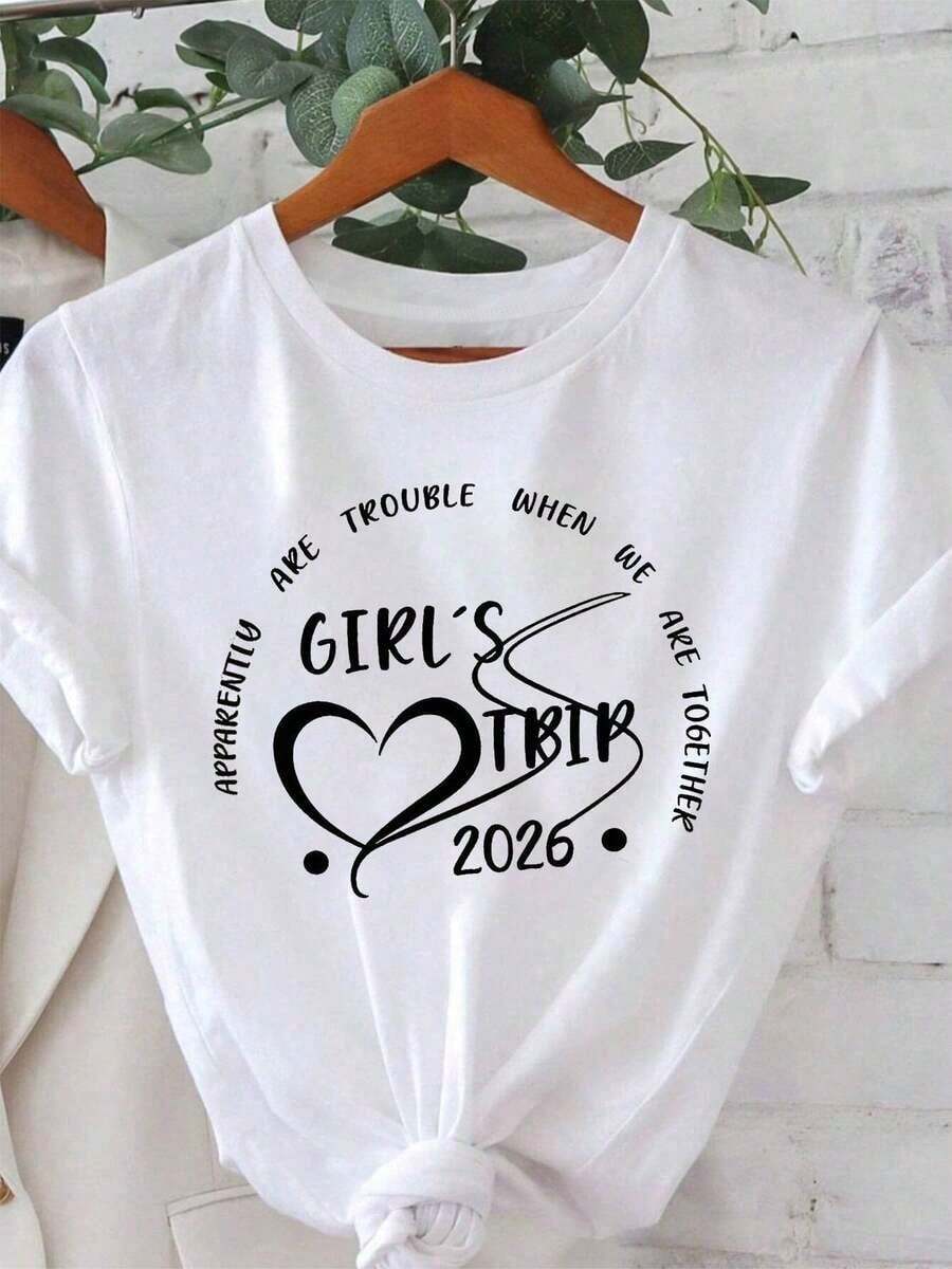Camiseta Clásica de 1 Pieza 'S TRIP 2026 con Temática de Viajes para Mejores Amigas |   Decoración con eslogan de corazón, manga corta informal, blanco y negro, estilo divertido, ropa elegante para fiestas, regalos de verano, camiseta de verano. - Blanco - Ver 1