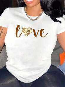 Women's Modern, Casual T-Shirt, Perfect For Parties And Lounging At Home. 100% Cotton, Loose Fit. Chic'LOVE' 'LOVE' Print T-Shirt, Round Neck, Short Sleeves, Casual, Ideal For Spring/Summer, Stretchy, Machine Washable, Urban Vintage Style, Unisex, Loose Fit, Cotton, Short Sleeves, Round Neck, Casual Blouses For Women - 白色 - 查看 1