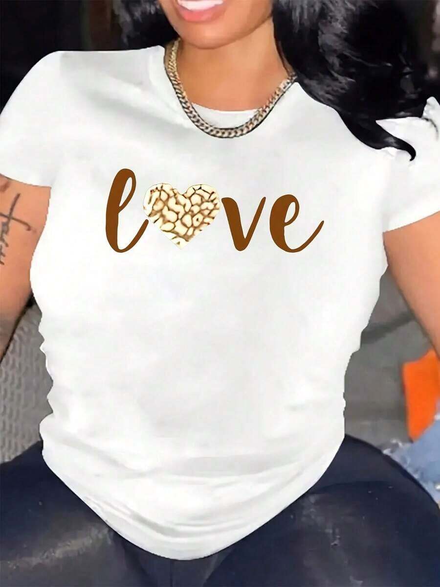 Women's Modern, Casual T-Shirt, Perfect For Parties And Lounging At Home. 100% Cotton, Loose Fit. Chic'LOVE' 'LOVE' Print T-Shirt, Round Neck, Short Sleeves, Casual, Ideal For Spring/Summer, Stretchy, Machine Washable, Urban Vintage Style, Unisex, Loose Fit, Cotton, Short Sleeves, Round Neck, Casual Blouses For Women - 白色 - 查看 1