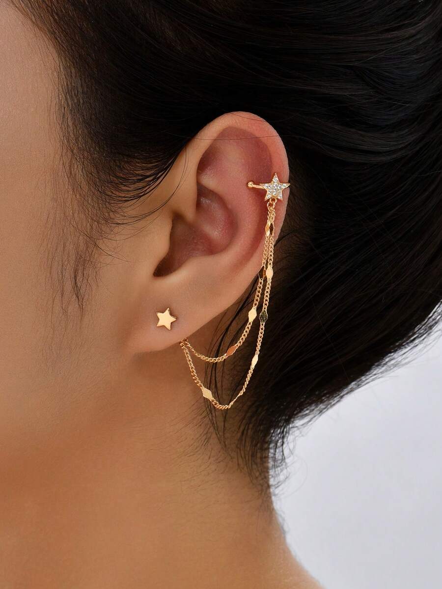 1 Đôi bông tai vàng tối giản đính đá Zirconia hình ngôi sao, tua rua, trang sức cho nữ (Số lượng kim cương ngẫu nhiên)