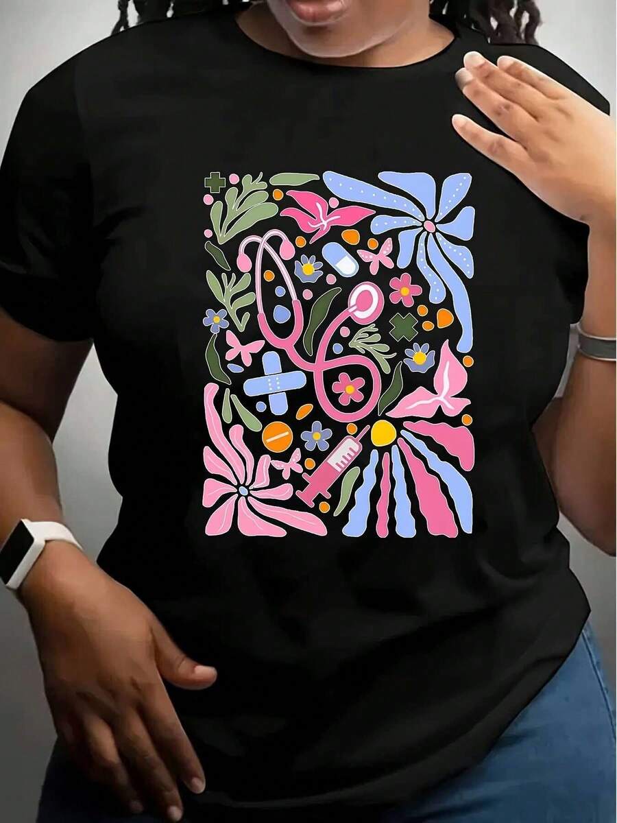 Camiseta de Enfermera Talla Grande - Diseño Gráfico 'NURSE' con Estampado Médico y Floral, Camiseta Negra de Verano Lista para la Playa, Corte Holgado, Manga Corta Casual para Mujeres y Hombres (Tallas S-3XL), Camiseta de Enfermera, Ropa de Playa, Estampado Divertido, Estampado Duradero, Tela Cómoda, Camiseta Y2k - Negro - Ver 1