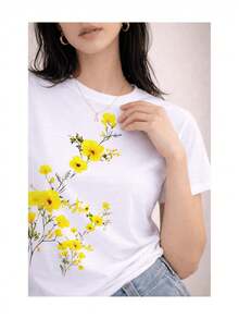 Soft 100% Cotton Women's T-Shirt, Yellow Floral Print, Minimalist, Soft Touch, Short Sleeve, Round Neck, Spring Summer, Casual, Comfortable For Everyday Wear, Breathable Cotton T-Shirt, Matches Everything, Cool. - 白色 - 查看 2