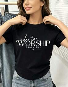 Playera de mujer 100% algodón manga corta cuello redondo estampado "Made to Worship" con cruz para verano - Negro - Ver 2