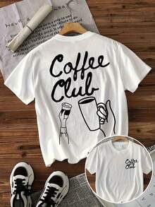 Women's Coffee Club Graphic T-Shirt - Casual Cotton Short Sleeve Crew Neck T-Shirt With Black Lettering And Coffee Cup Design, Beige, Machine Washable, Style Y2k - 白色 - 查看 10