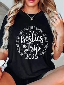 Besties Trip 2025 Matching Graphic T-Shirt - Unisex, Casual Loose Fit, Short Sleeve, With "We're Besties" Slogan And Star Design For Holidays, Travel, Group Outings (Sizes S-3XL), Travel Wear, Relaxed Style, Comfortable Fit, Y2K T-Shirt - 黑色 - 查看 10