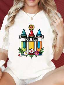 Women's T-Shirt With Personalized Name And Crayon Flower Design, Casual Short Sleeve Graphic Print T-Shirt, Ideal For Family Gatherings, Christmas Parties, Sports Activities, New Year's Eve Parties, Outings, Sports And Other Festive Gifts. - 白色 - 查看 7