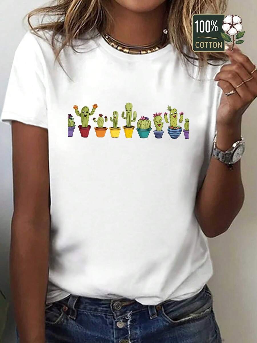 Women's Cactus Design T-Shirt - 100% Cotton Crew Neck Casual T-Shirt With A Fun Cactus Print Design, Comfortable And Casual For All Seasons, Cute Cactus Design Suitable For Casual Outfits All Year Round. - 白色 - 查看 1