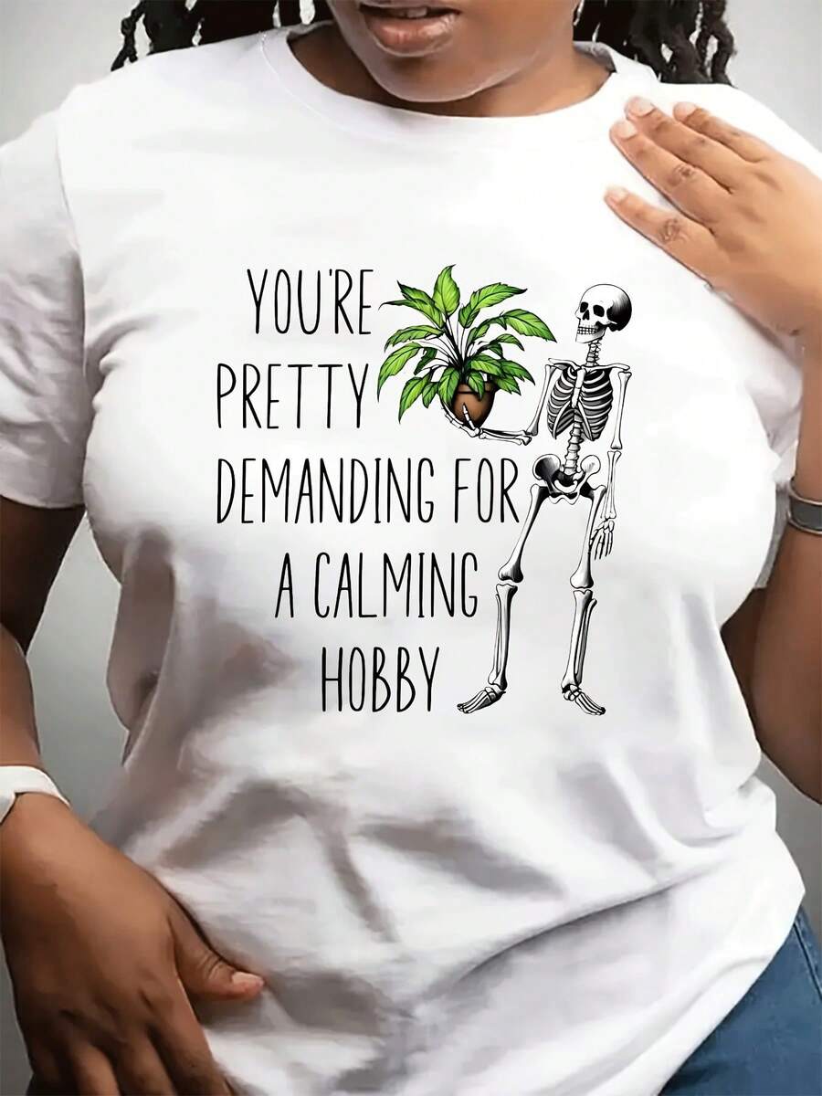 Women's Vintage Green T-Shirt - Gothic Print Of Plants, Skulls And Cactus, With The Slogan "Your Calming And Demanding Fan" - Casual White And Green Gothic T-Shirt For Plant Lovers, Suitable For All Seasons. - 白色 - 查看 1