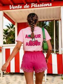 Camiseta casual de manga corta con cuello redondo y estampado de letras y cerezas para mujeres de talla grande. - Blanco - Ver 7