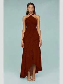 Women's Dresses 2026 Summer New Arrival Women's Fashion Ruched Halter Neck Sexy Bandeau Backless Dress - 酒紅色 - 查看 4