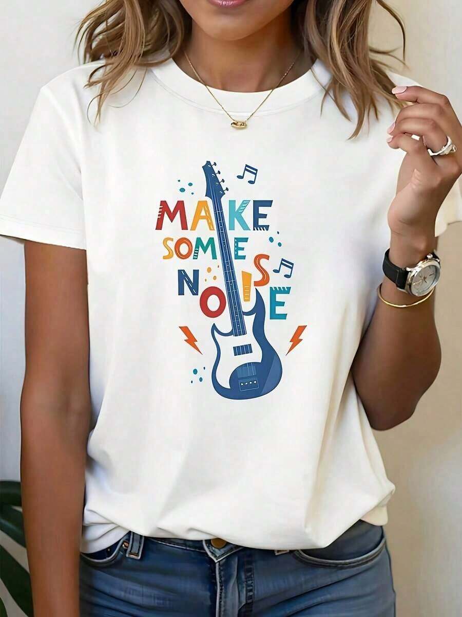Blouses > Cute Plus Size T-Shirt With Colorful Electric Guitar Print And Musical Text "MAKE SOME NOISE", Short Sleeve And Round Neck, White - Machine Washable, Casual Style, Comfortable Fit, Modern Design, Versatile For Everyday Wear, Soft Fabric, Fashionable Style 100% Cotton 100% Cotton Casual Blouses For Women - 白色的 - 查看 1