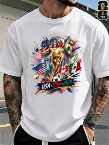 [FIFA World Cup Licensed]2026 USA-Canada-Mexico World Cup Football Pattern T-Shirt, 180g 100% Cotton, Round Neck, Comfortable Casual Sports T-Shirt Fo - 白色 - 查看 6