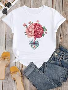 T-Shirt With Heart Print And Floral Design Of The Human Brain - [白色的] - 查看 2