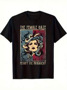 1 camiseta para mujer inspirada en Medusa - Estampado "El Mirado Femenino, Petrifica el Patriarcaato", camiseta negra de manga corta para uso casual, regalo perfecto para ella, regalo de cumpleaños o para las fiestas, diseño mítico, comodidad para el día a día, camiseta casual.| Diseño Medusa| Camiseta Gráfica Atrevida Estilo Y2k - Blanco - Ver 1