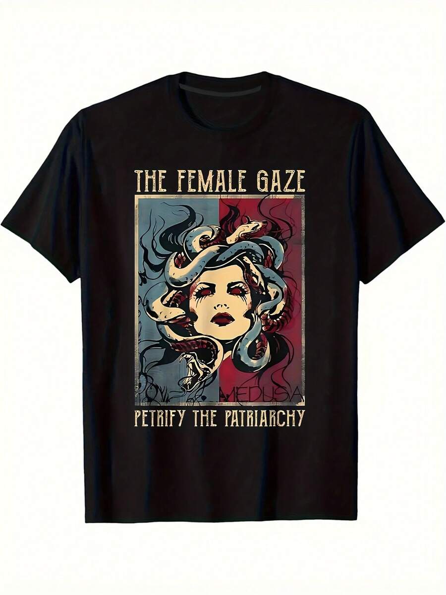 1 camiseta para mujer inspirada en Medusa - Estampado "El Mirado Femenino, Petrifica el Patriarcaato", camiseta negra de manga corta para uso casual, regalo perfecto para ella, regalo de cumpleaños o para las fiestas, diseño mítico, comodidad para el día a día, camiseta casual.| Diseño Medusa| Camiseta Gráfica Atrevida Estilo Y2k - Blanco - Ver 1