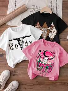 Nueva Camiseta de Mujer a la Moda, Conjunto de 1 Pieza, Estilo Occidental con Estampado de Calavera de Vaca, Cuello Redondo, Talla Grande, Camiseta de Verano de Algodón Puro, Corte Holgado y Estilizador, Entrega Local, Lavable a Máquina, Top Casual a la Moda. - Blanco - Ver 7