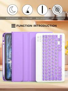 Funda con teclado inalámbrico compatible con iPad, cubierta protectora de cuero desmontable con ranura para lápiz, función de suspensión/activación automática, teclado inalámbrico Bluetooth de 150 mAh, funda de soporte delgada y ligera - Morado claro - Lila Púrpura - Ver 3