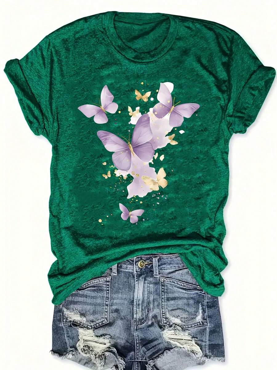 Plus Size Women's Plus Size T-Shirt With Purple Butterfly And Letter Print - Round Neck, Warm And Casual For Winter, Comfortable Casual Clothing For Plus Sizes, Cozy Machine Washable Blouse For Autumn And Winter - 海洋綠 - 查看 1
