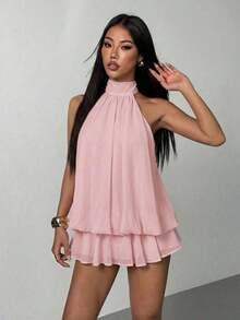 Vestido mini elegante de mujer con escote halter y lazo en color beige - Rosa - Ver 4