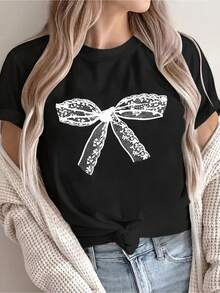 Women's Summer Short Sleeve T-Shirt With Bow Print, Versatile Casual Top For Women, Stylish And Relaxed Clothing, Cute Short Sleeve Blouse For Ladies And - 黑色 - 查看 1