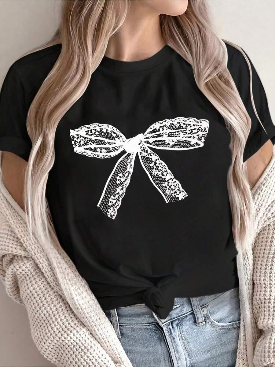 Women's Summer Short Sleeve T-Shirt With Bow Print, Versatile Casual Top For Women, Stylish And Relaxed Clothing, Cute Short Sleeve Blouse For Ladies And - 黑色 - 查看 1
