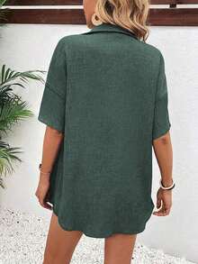 Conjunto de 2 piezas con blusa de manga corta de cuello de botones y shorts con lazo delantero, sencillo, para mujer - Verde Oscuro - Ver 2
