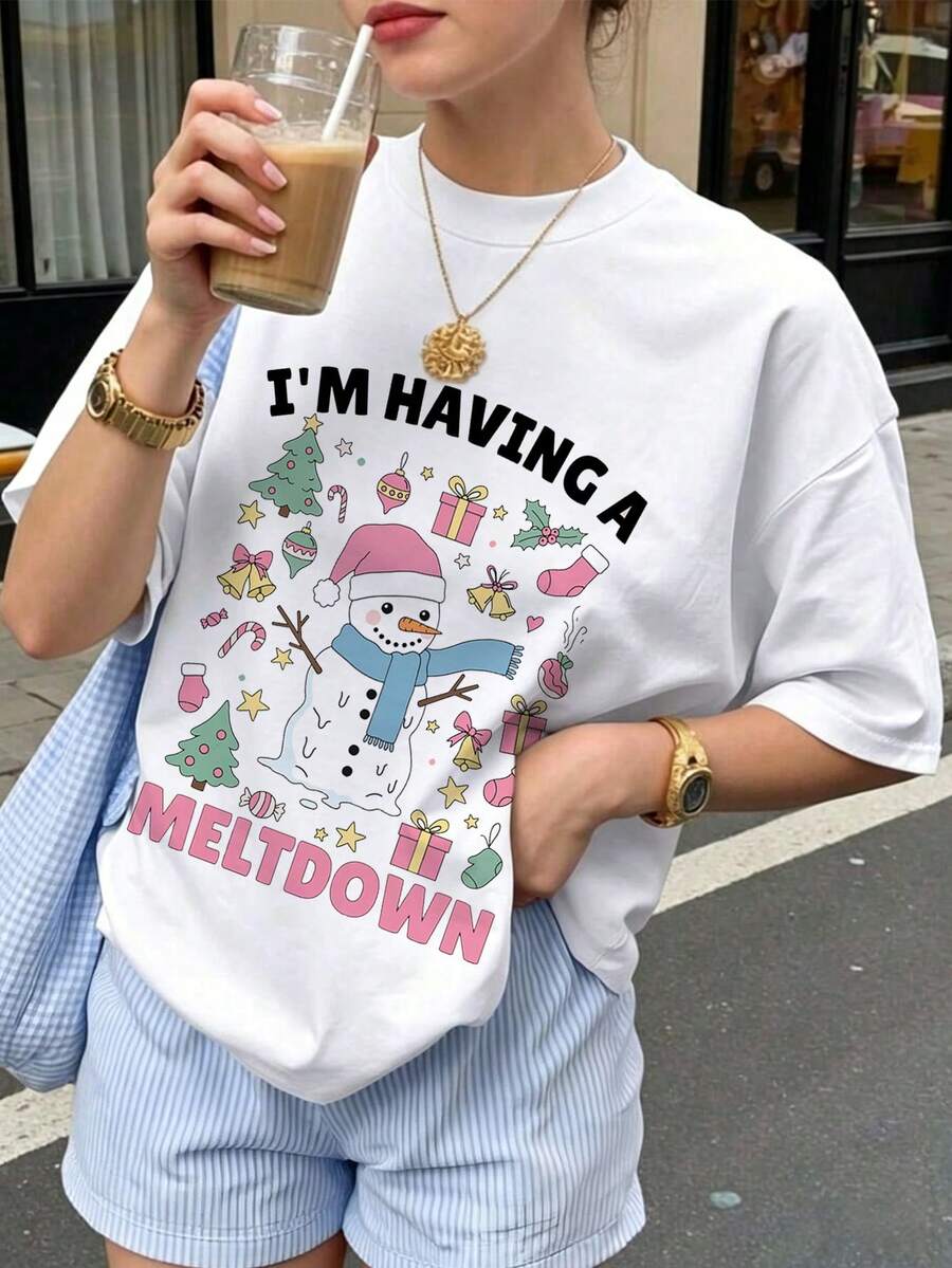 Camiseta de moda femenina de verano de manga corta camiseta de moda casual al aire libre 'letras y muñecos de nieve' estampados camiseta casual femenina suelta - Blanco - Ver 1