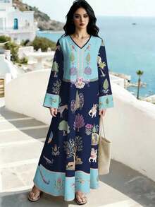 Najma Vestido largo vintage con estampado de animales y flores diminutas, Vestido maxi de manga larga con cuello en V y estampado floral, Falda larga elegante con estampado floral diminuto, Vestido maxi de bloque de color con estampado floral, Primavera/Verano - Multicolor 2 - Ver 5