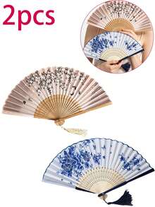 2pcs Vintage Printed Folding Fans With Tassels, Portable Bamboo Hand Fans For Cooling, Suitable For Beach, Wedding, Music Festival, Daily Use, Gift For Women - Fan - View 9