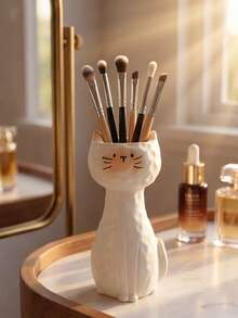1Pc Milk White Cat Shape Resin Makeup Brush Holder - Creative Cartoon Cute Desk Organizer For Vanity, Lipstick & Eyebrow Pencil Storage, Gift For Her | Home Decor, Room Decor, Boho Decor, Desk Decor, Vanity Organizer, Cute Collectible, Unique Gift, Table Centerpiece - View 3