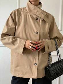 Chaqueta cortavientos de unicolor elegante y de moda para mujer, abrigo de mujer de corte regular de un solo pecho - Caqui - Ver 2