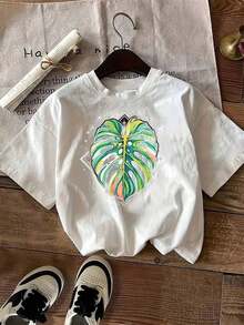 1 Piece. This Is A 100% Unisex Short-Sleeve Casual T-Shirt With A Colorful Tropical Monstera Leaf Design. It Has A Relaxed Crew Neck And Is Incredibly Soft, Breathable, And Lightweight, Making It Ideal For Summer. Perfect For Everyday Wear Or Vacations. 180g 100% Cotton. - 白色 - 查看 7