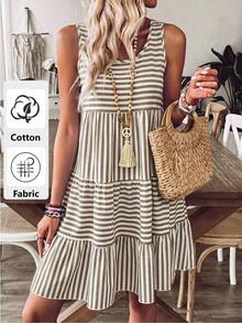 Vestido casual de mujer a rayas para vacaciones, de estilo minimalista y apropiado para el verano - Café 2 - Ver 1