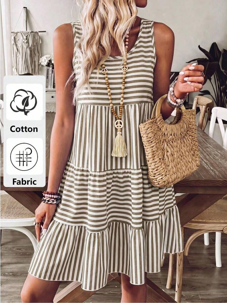 Vestido casual de mujer a rayas para vacaciones, de estilo minimalista y apropiado para el verano - Café 2 - Ver 1
