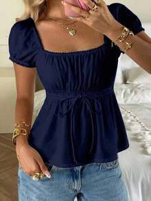 Camiseta casual de mujer con estampado de lunares y cintura con lazo en color amarillo - Azul marino - Ver 7