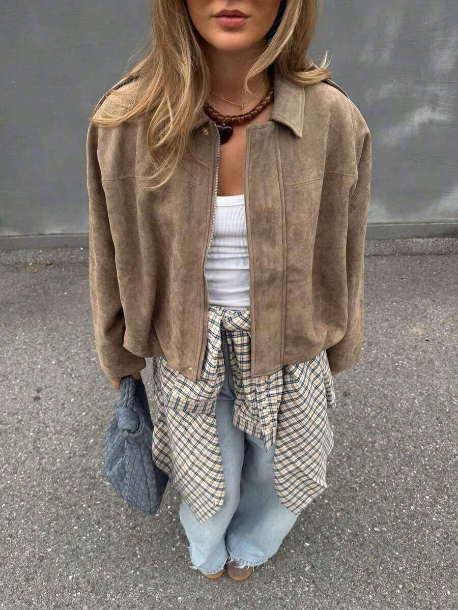 Chaqueta casual suelta de manga larga de ante sintético de un solo pecho para mujer, adecuada para usar en primavera. Chaqueta militar corta de mujer con botones de metal en los bolsillos, adecuada para usar en primavera y otoño. - Granada - Ver 1