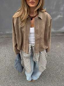 Chaqueta casual suelta de manga larga de ante sintético de un solo pecho para mujer, adecuada para usar en primavera. Chaqueta militar corta de mujer con botones de metal en los bolsillos, adecuada para usar en primavera y otoño. - Granada - Ver 7