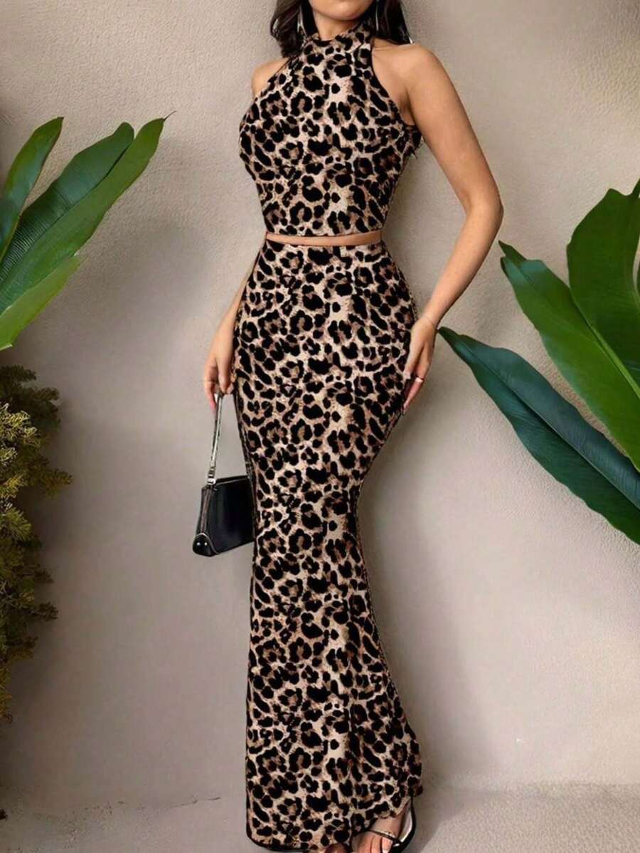 Sexy Print Crop Top With Halter Neck And Open Back, Two-Piece Set With High-Waisted Fitted Maxi Skirt - 豹紋 - 查看 1