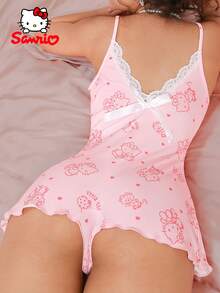SANRIO Bộ đồ ngủ Hello Kitty dành cho nữ, cổ chữ V, phối ren, mùa xuân/hè, đồ mặc nhà, đồ thường ngày, áo liền quần. - Hồng - Xem 3