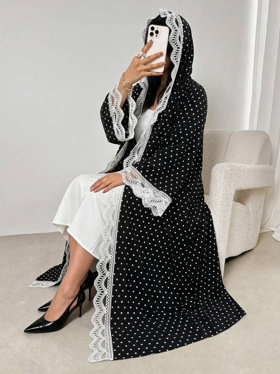 女款優雅波點印花蕾絲拼接長版開襟外套,度假秋季款 - 彩色 - 查看 1