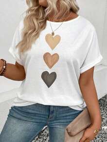 Plus Size Women's Spring/Summer Casual T-Shirt With Round Neck, Short Sleeves, Ribbed Cuffs, And Gradient Heart Print. Y2K Style,  Style, Newest 2026 Style, Cute Style, Casual Style. 180g (Sizes S-XXXL) - 白色 - 查看 5