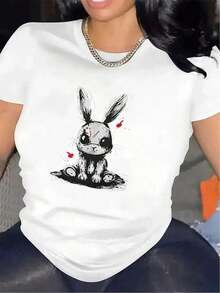 Camisetas gráficas 2026, nueva colección de verano, camiseta de poliéster de manga corta con un bonito diseño de conejo, adecuada para uso en casa. Duradero y cómodo, perfecto para la sala de estar o el comedor; Tela suave, elegante y ligera, ideal para uso casual diario. Camisetas de algodón para el verano. - Blanco - Ver 7