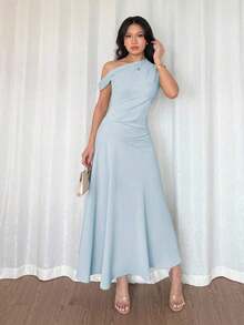 Elenzya Vestido elegante, de moda y lindo de estilo bohemio francés con volante asimétrico en el hombro y diseño entallado y acampanado en color verde macaron, adecuado para ocasiones de verano como vacaciones, graduación, Día de la Independencia, citas, vacaciones - Celeste - Ver 5