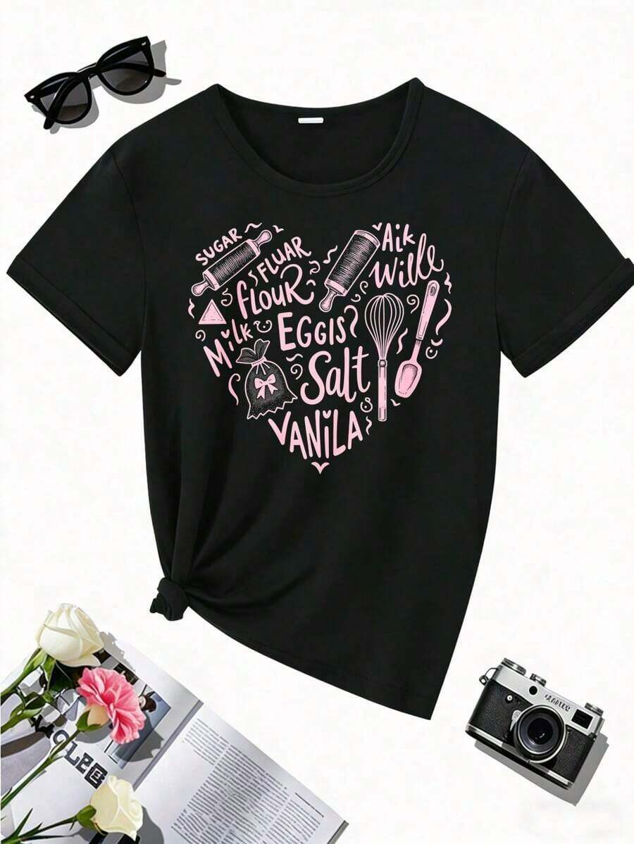 Camiseta de Mujer con Estampado Gráfico, Algodón Ligero, Verano, a la Moda, Y2K, Elementos Dulces de Cocina, Camiseta de Manga Corta para Mujer - Con un Patrón Dibujado a Mano, Lavable a Máquina, Fácil de Usar, Estilo Casual Deportivo, Cuello Redondo, Hecha de, Adecuada para Todas las Temporadas, Disponible en Múltiples Colores y Tallas, Camiseta Oversize para Mujer con Estampado 100% Algodón Puro - Negro - Ver 1
