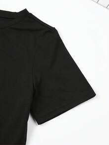 Conjunto de camisetas casuales de cuello redondo para mujer, diseño de patrón sencillo. - Negro - Ver 3