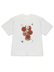Éxito de 2026: Camiseta de manga corta para mujer, estilo vintage a cuadros con estampado divertido de tomates, hombros descubiertos, para primavera/verano. Estilo fresco y campestre, corte holgado. Una opción popular entre los coreanos como top casual - Tela suave y ligera. - blanco - Ver 7